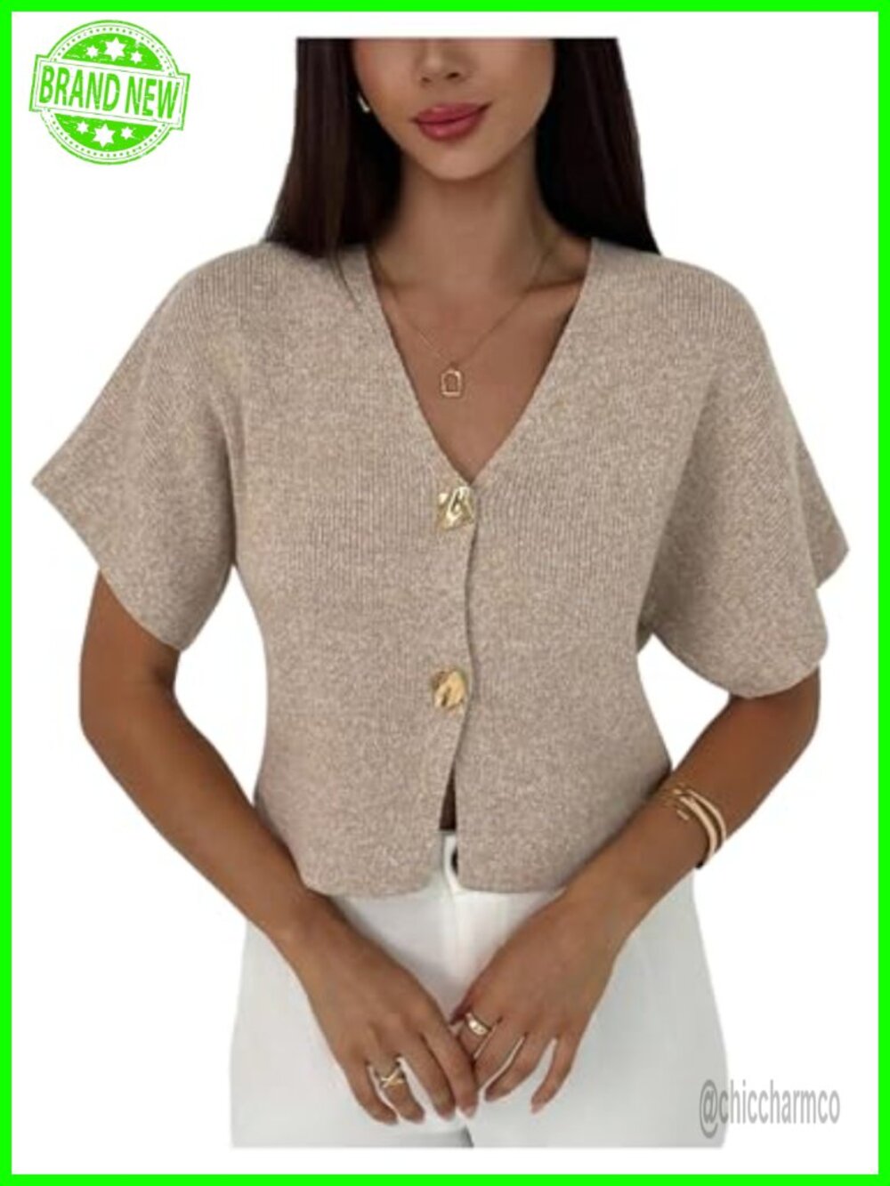Short Sleeve V Neck Rib Knit Cardigan Lightweight Slim Fit Button Front